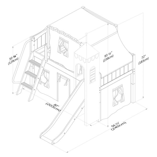 Zoomie Kids Stowers Wow Twin Loft Bed with Slide Tent and Curtains